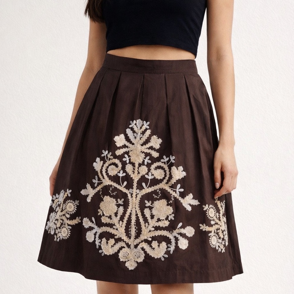LOFT Brown A-Line Skirt with Cream Embroidery